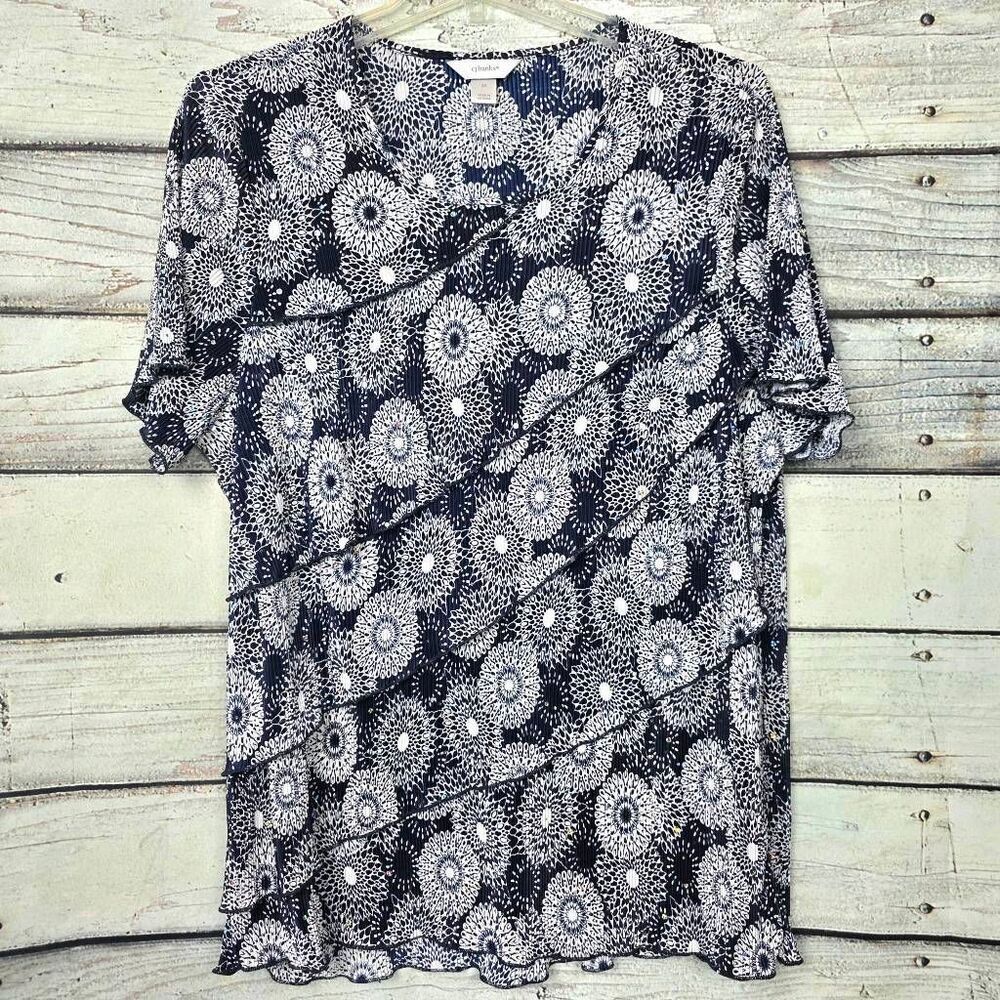 CJ Banks Navy White Ruffle Top Short Sleeve Women’s 2X